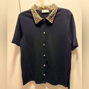 Frazier Lawrence black button-up blouse w/ leopard print collar